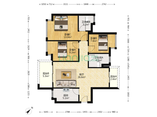 碧桂园松湖珑悦 3室1厅2卫 97平方
