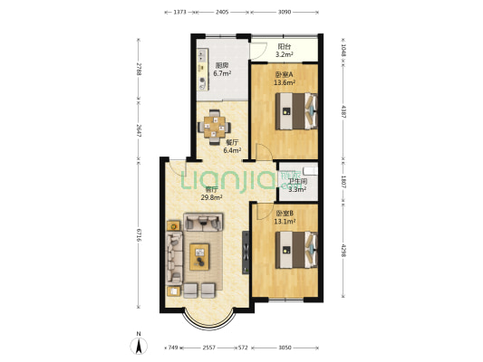 华泰新都F区 2室2厅1卫 97平方