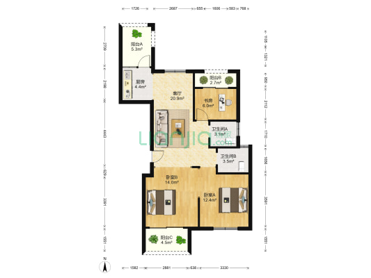 大运华府 3室1厅2卫 113平方