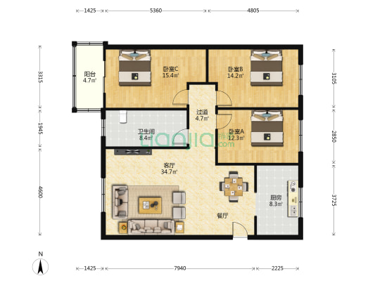 刘店街31号 3室1厅1卫 124平方