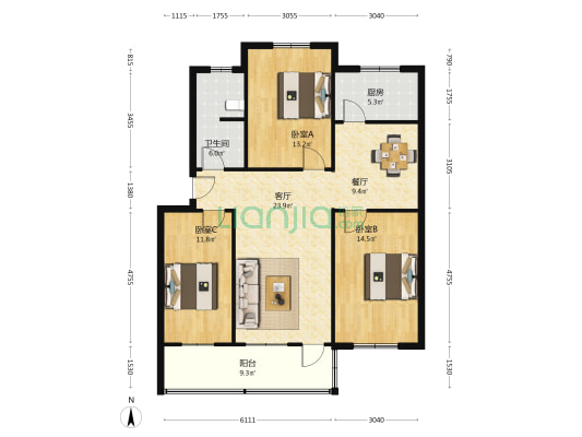 区人社局家属院 3室2厅1卫 108平方