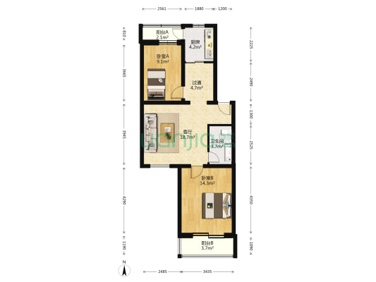樊家村甲14号院 2室1厅1卫 80平方