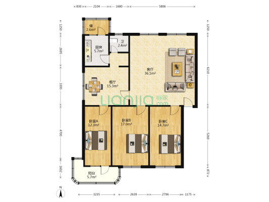 中国人寿家属楼 3室2厅1卫 140平方
