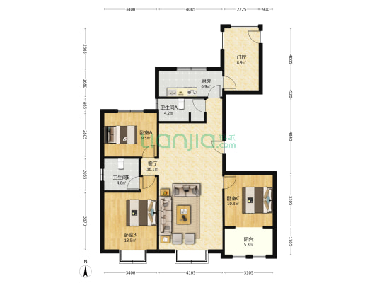 天泰绿城 3室1厅2卫 126平方