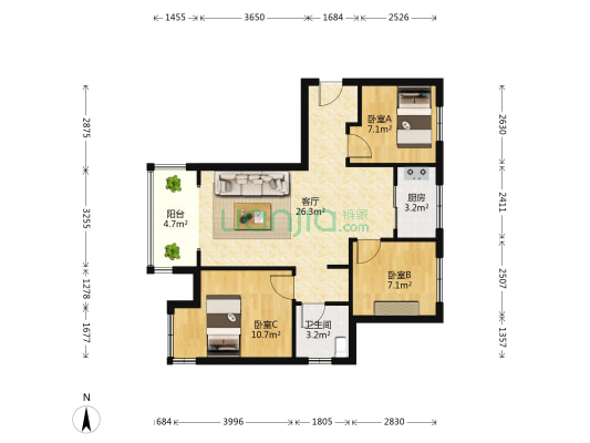 紫阳嘉苑 3室1厅1卫 89平方