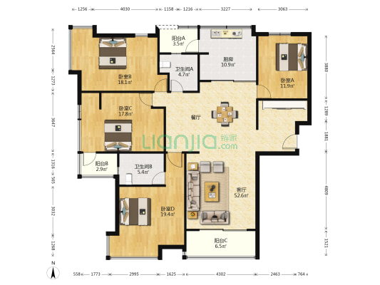 皇都花园 4室1厅2卫 179平方