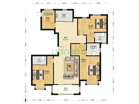 财富花园 4室1厅3卫 168平方
