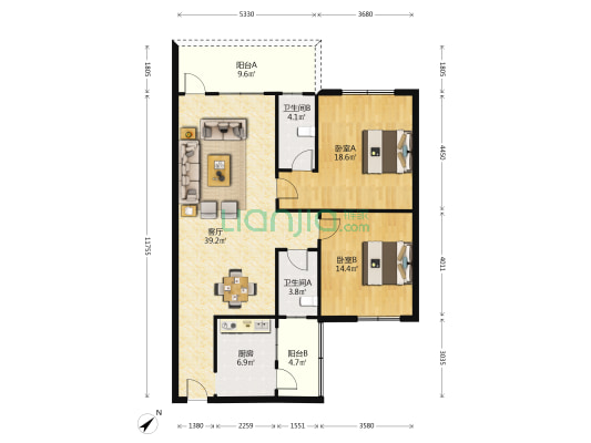 東寳花園 2室1厅2卫 107平方