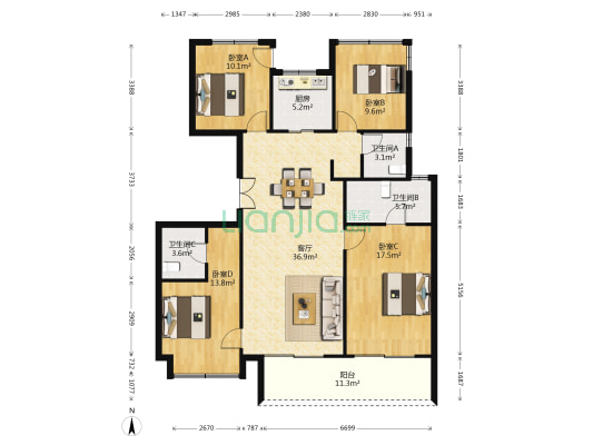 吟彩芳菲之城 4室1厅3卫 138平方