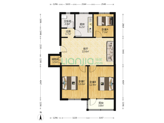 晶体管厂宿舍 3室1厅1卫 87平方