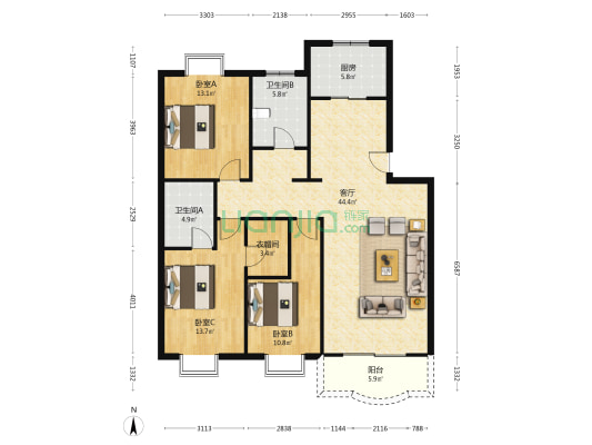 江腾苑A区 3室1厅2卫 130平方