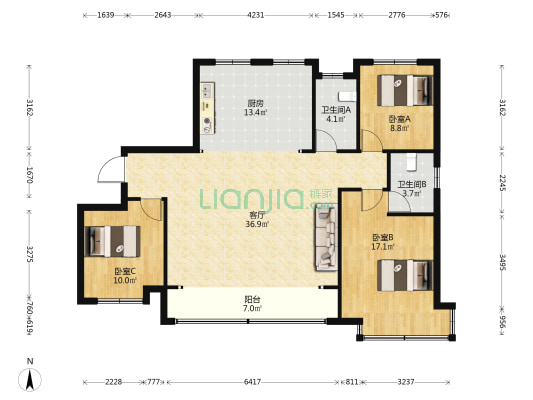 东尚名庭 3室1厅2卫 140平方