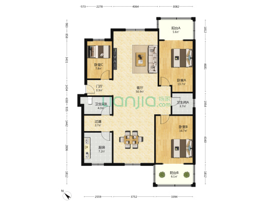 金铺苑小区 3室1厅2卫 143平方