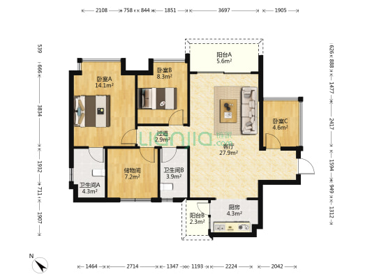 德江御府 3室1厅2卫 108平方