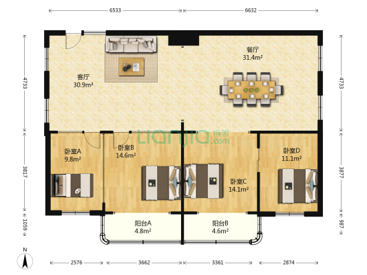 汇利大厦 4室2厅0卫 92平方