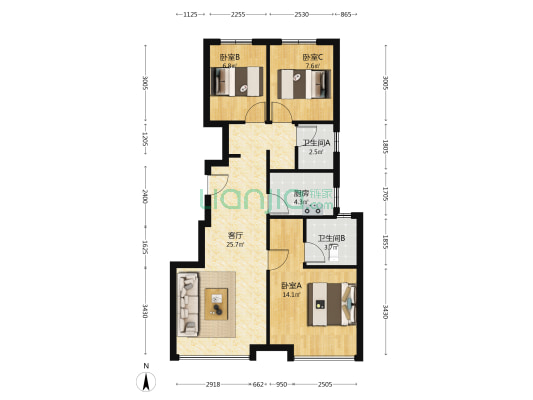 南北通透三居室，毛坯房， 步行到幼儿园 。-户型图
