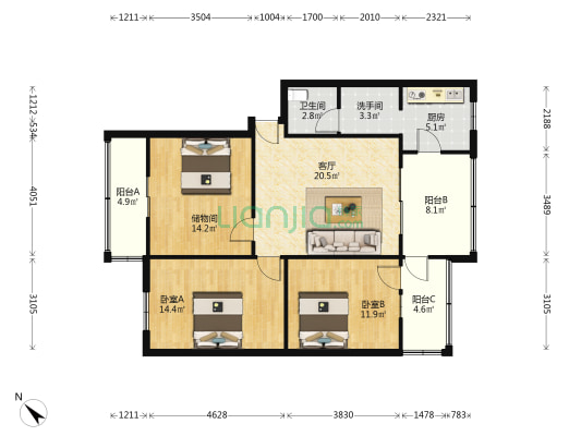 茶店子育苗路12号 2室1厅2卫 110平方