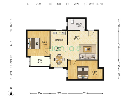 云阳花苑 2室2厅1卫 93平方