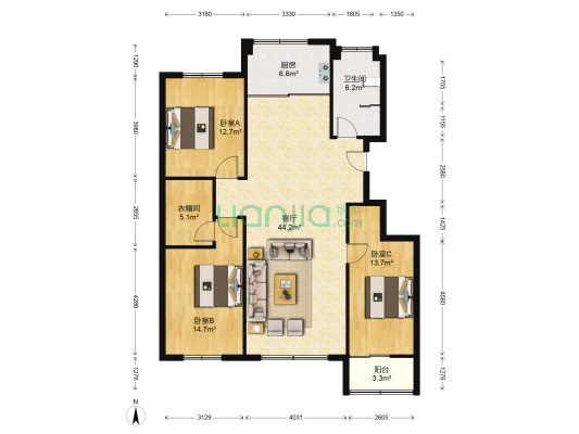 凯旋国际花园 3室1厅1卫 145平方