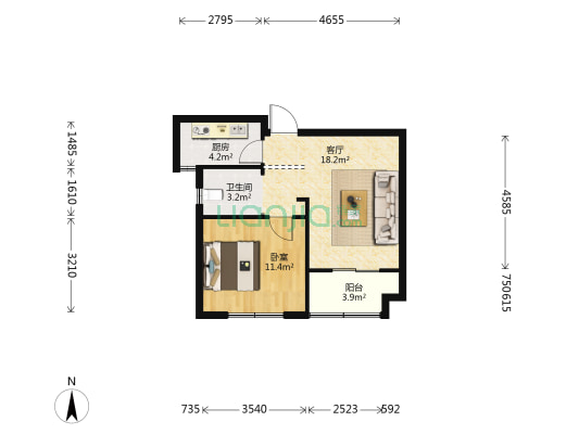花港幸福城芙蓉园 1室1厅1卫 58平方