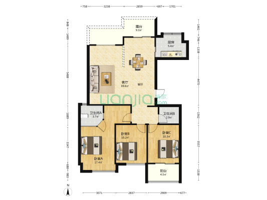 鼎森中央公园北区 3室1厅2卫 125平方