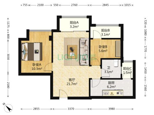 万达华城四期 2室1厅1卫 74平方