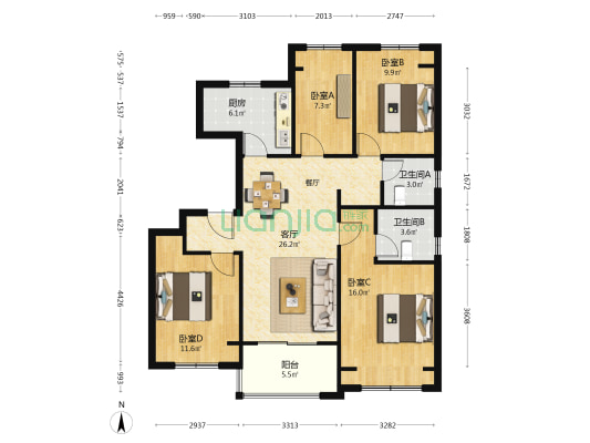 国贸梧桐原 4室1厅2卫 117平方
