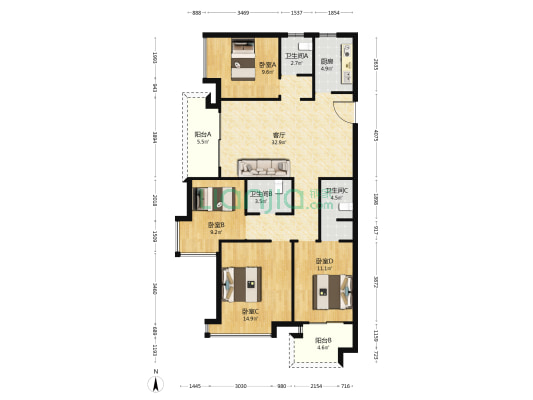 悦澜湾 4室1厅3卫 129平方