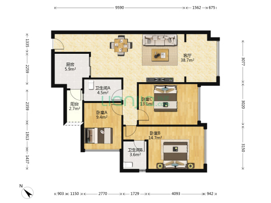 万锦城一期 3室1厅2卫 95平方