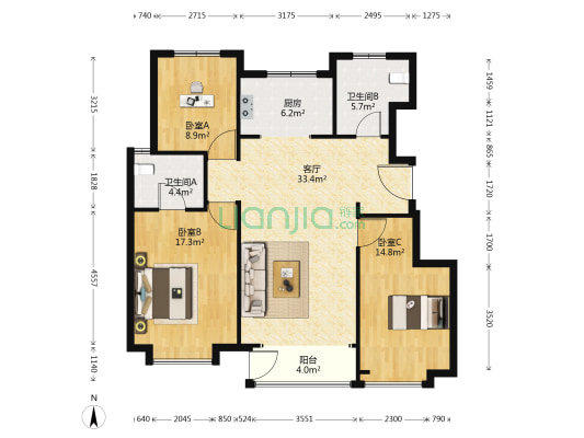 金地悦城大境 3室1厅2卫 123平方