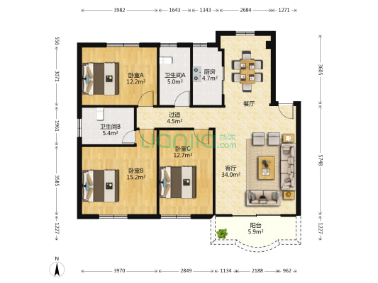 文图花园 3室1厅2卫 122平方