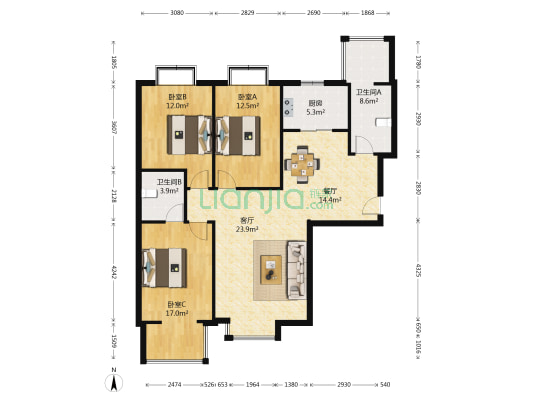 万佳丽都 3室2厅2卫 136平方