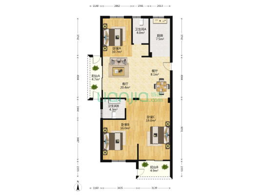 万家星城 3室2厅2卫 134平方