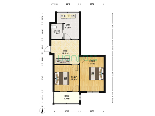 邮电楼 2室1厅1卫 56平方