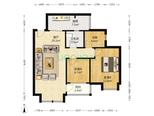 中房学府海棠一期 3室1厅1卫 86平方