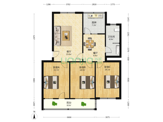 公路工程队家属楼 3室2厅1卫 124平方