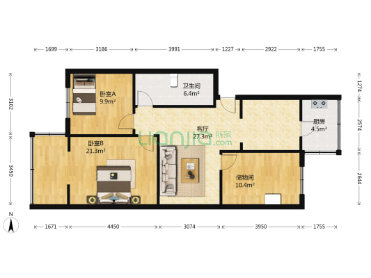 警官公寓 2室1厅1卫 87平方