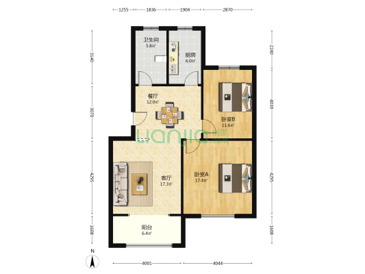 上成天逸公寓 2室2厅1卫 95平方