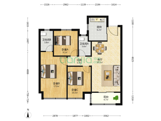 龙光玖宸佳苑 3室1厅2卫 104平方