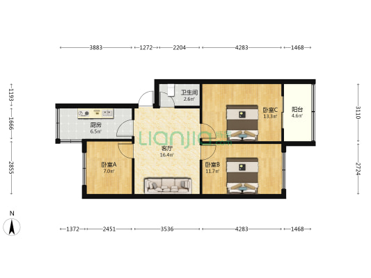 浴新南大街133号院 3室1厅1卫 76平方