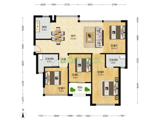水晶芸溪5期 4室1厅2卫 130平方