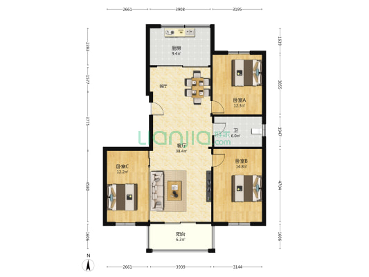 连铝花苑 3室1厅1卫 127平方
