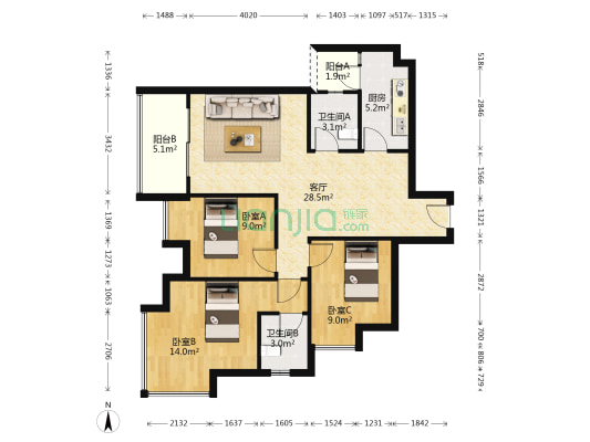 东林美地 3室1厅2卫 98平方