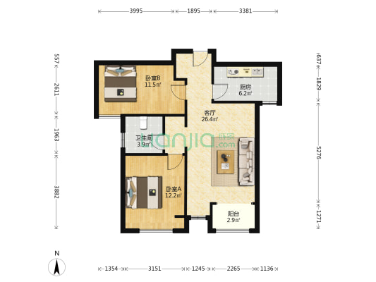 蝶恋新园 2室1厅1卫 89平方
