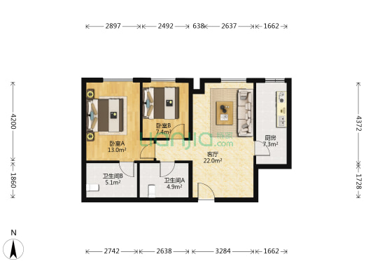 林肯公园C区 2室1厅2卫 96平方