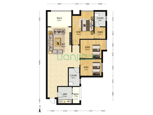 林钦滨河苑 3室1厅2卫 130平方