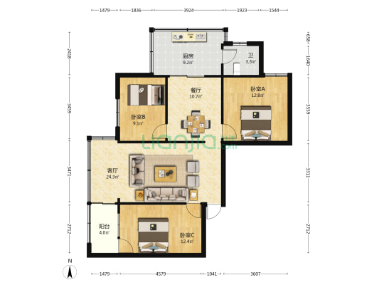 洪化桥 3室2厅1卫 84平方