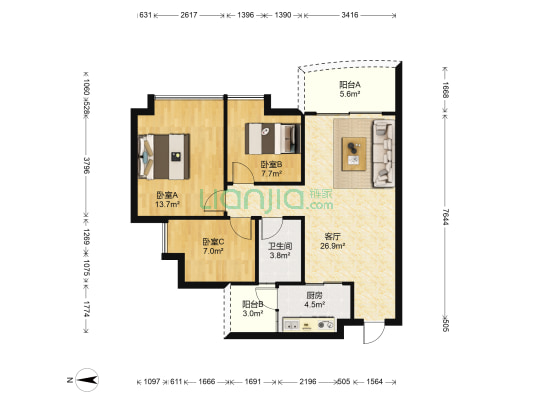 碧桂园天麓山二期 3室1厅1卫 91平方