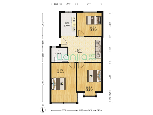 高德公寓 3室1厅1卫 87平方