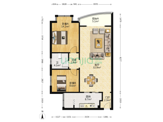 玉府花园 2室1厅1卫 94平方